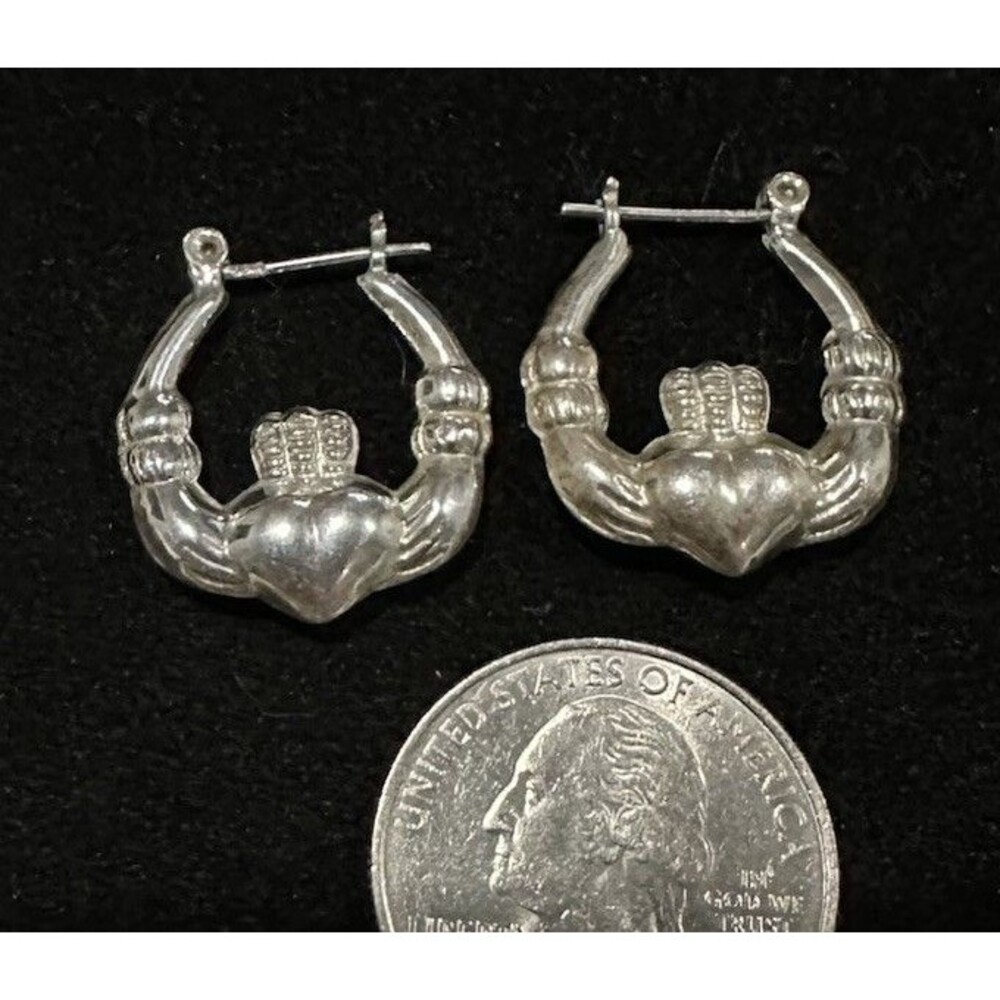 Vintage Sterling Silver IRISH CLADDAGH Heart Hands Earrings Hoop Loop Friendship